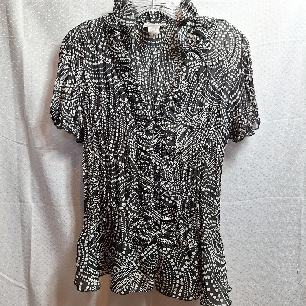 BETHANY Y2K Crinkle Top Sz L (12/14) Black White Polka Dot Ruffle Semi-Sheer EUC